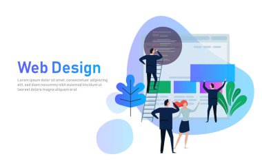 Vektör çizim. Web tasarım yaratıcı ekip çalışması. İnsanlar Internet üzerinde bir iş projesi inşa ediyoruz. Bir şantiye monitör ekranıdır. Toplu performans görevleri.