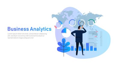 İş analytics Analizi grafiği mali iş grafik düz vektör çizim. Küresel dünya harita verileri