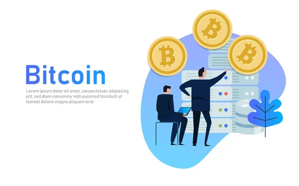 Flat Bitcoin online mining concept web infographies vectorielles illustration. Homme sur ordinateur et serveur de service de mine de pièces de monnaie bit. Hommes d'affaires avec serveur . — Image vectorielle