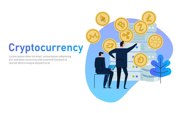 Cryptocurrency and blockchain composition. Big data processing, server station of future, data center. business people managing coin mining. — Stock Vector