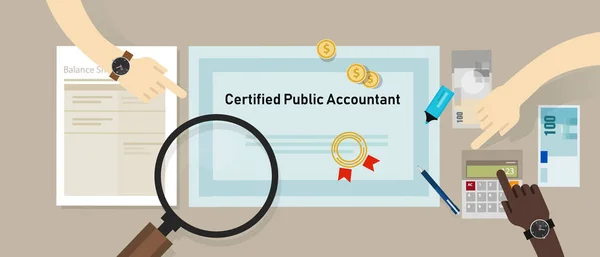 Documento certificado contable público CPA sobre una mesa. Concepto empresarial de certificación de educación contable . — Vector de stock