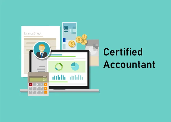 Boekhouder Ca papier rekenmachine laptop met mensen business glimlach. Bedrijfsconcept van accountant onderwijs certificering. — Stockvector