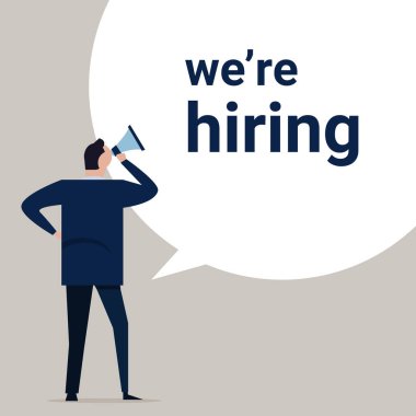 Biz işe, bir işareti boş ve yazıt iş adam ayakta tutan megafon ile işe yeniden. İş işe kavramı.