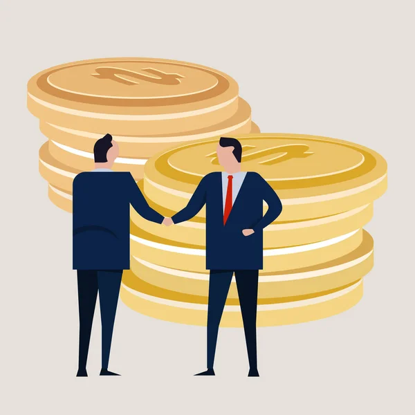 Business investment agreement standing handshake wearing suite formal. Bring money cash coin. Concept vector — Stock Vector