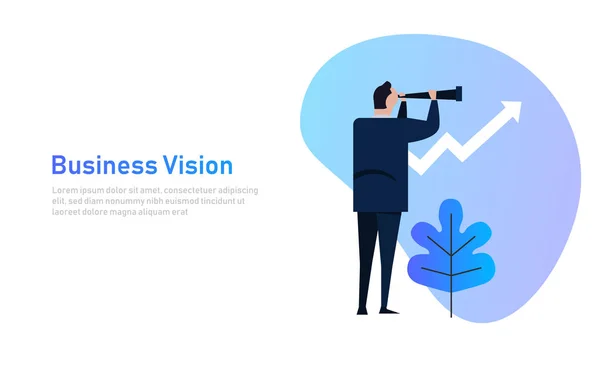 ビジョンと成長の概念。実業家に成長の矢印を望遠鏡で見えます。ビジネス コンセプト漫画イラスト — ストックベクタ