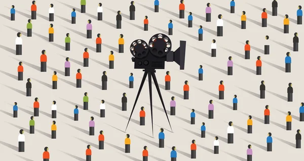 Video kamera online sosyal vektör illüstrasyon izole. İnsanlar topluluk birlikte film izlerken internet üzerinden kalabalık — Stok Vektör
