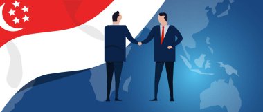Singapur Uluslararası Ortaklık. Diplomasi müzakere. İş ilişkisi sözleşmesi karşılıklı. Ülke bayrağı ve harita. Kurumsal Global iş yatırım.