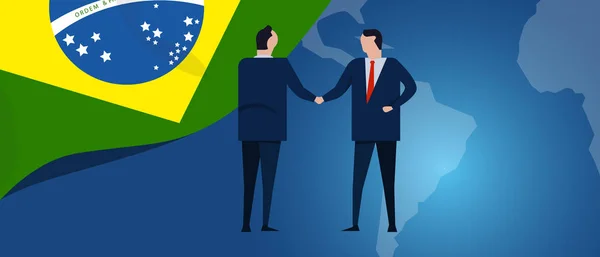 Brasil parceria internacional. Negociação de diplomacia. Acordo de relacionamento comercial aperto de mão. Bandeira do país e mapa. Investimento empresarial global corporativo . — Vetor de Stock