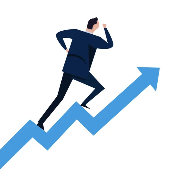 Empresário correndo em passos gráfico de crescimento subindo. Conceito de sucesso na carreira subir escadas — Vetor de Stock