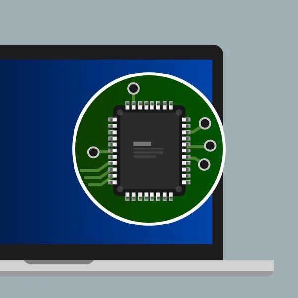 Chip-Prozessor CPU auf Laptop-Computer flache Illustration Konzept. Hardware-Vektor für elektronische Bauelemente. — Stockvektor