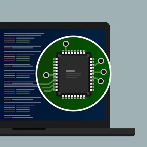 Programare linie de codificare a textului în ecranul laptopului. închiderea plăcii de circuit electronic cu hardware-ul procesorului . — Vector de stoc