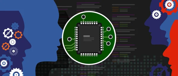 Programmiercode für künstliche Intelligenz. menschliche Kopfumrandung mit Chip-Prozessor im Inneren. Technologie und Elektronik-Konzept. — Stockvektor