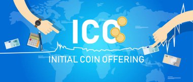 ICO Blockchain teknoloji, ilk para sunan. Piyasa değeri Ticaret ilk sürümü vektör çizim.