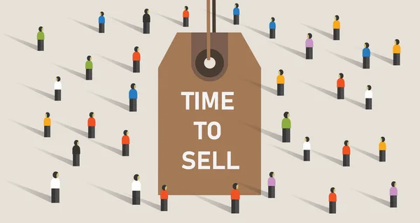 Tijd om te verkopen concept met de menigte markt transactie markeerdraad prijs rag — Stockvector