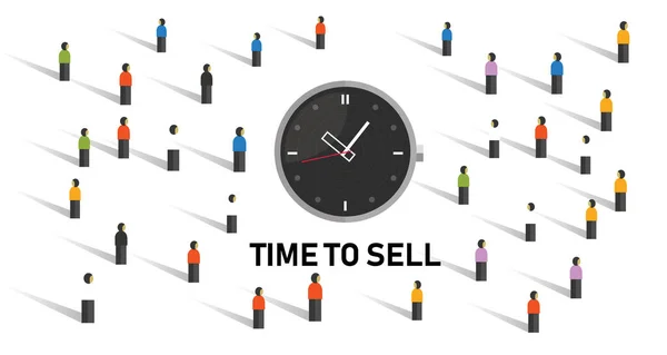 Hora de vender conceito com relógio na transação de mercado multidão — Vetor de Stock