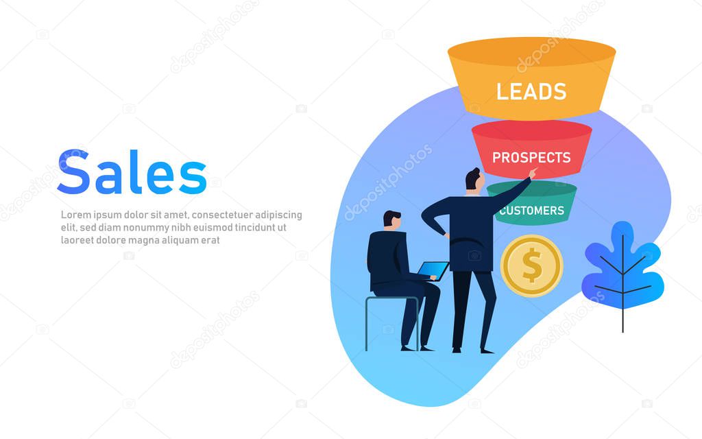 Sales funnel business concept of leads prospects and customers coin money.