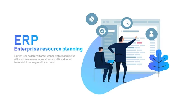 Het manager op Erp Enterprise Resource Planning scherm met bedrijfsinformatie, productie, Hr en Crm modules — Stockvector