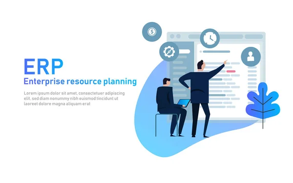 Responsabile IT su ERP Enterprise Resource Planning schermo con business intelligence, produzione, HR e moduli CRM — Vettoriale Stock