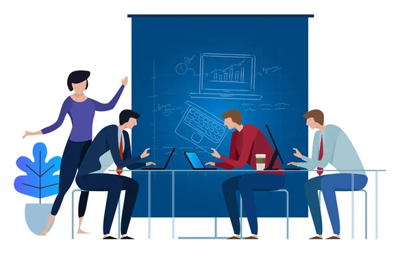 Blue-print team working as team on laptop. concept illustration collaboration together on top of the table vector — Stock Vector