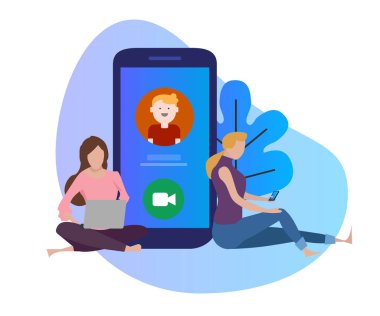 Görüntülü arama konferansı. Genç kadın ve man konuşma büyük telefon ekran. vektör