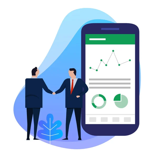 Geschäftsmann Händedruck mit großem Smartphone zeigt Analytics-Diagramm Datenkuchen finanzielle Informationen auf dem Bildschirm. — Stockvektor
