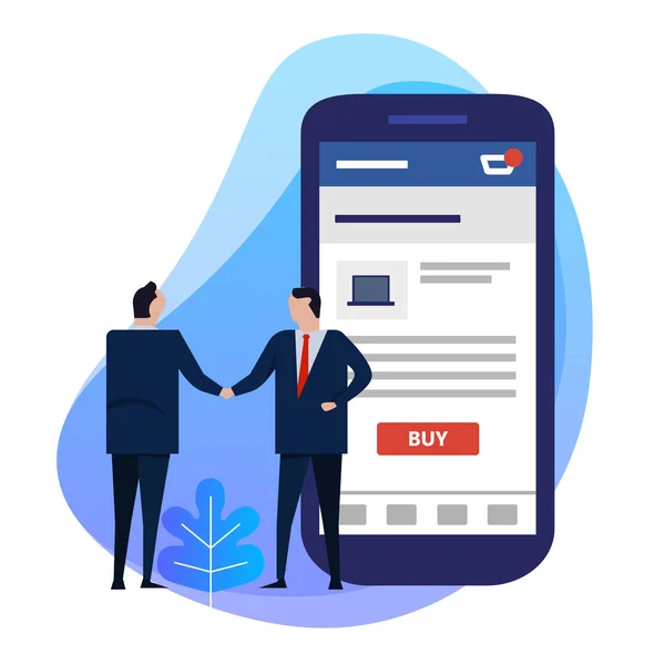 Med smart phone app för e-handel med köp-knappen. Verksamhet man handslag håller affär transaktionen — Stock vektor