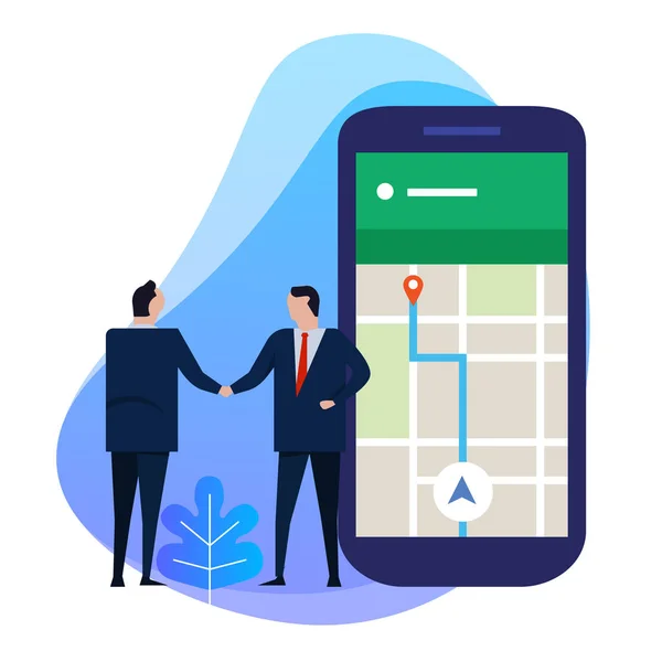 Homme d'affaires poignée de main avec point sur smartphone. le concept de communication, de transport, de navigation et de voyage . — Image vectorielle