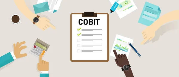 Το COBIT, έλεγχος στόχων για πληροφορίες και συναφείς τεχνολογίες. Έννοια με λέξεις-κλειδιά, γράμματα και εικονίδια διανυσματικά. — Διανυσματικό Αρχείο
