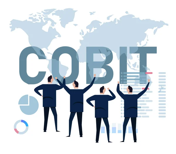 COBIT, ellenőrzési célkitűzések az információs és kapcsolódó technológiák. Koncepció kulcsszavakkal, betűk és ikonok vektoros illusztráció. — Stock Vector