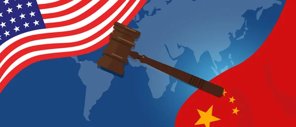Jurisprudence juridique tension commerciale ou guerre commerciale entre les États-Unis et la Chine, concept financier Drapeaux des États-Unis et de la Chine avec marteau ou marteau — Image vectorielle