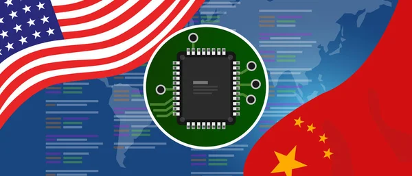Штучний інтелект нейроалчорнильний чіп, цифровий нейромотор. Відносини між Китаєм і США. Прапори на технології — стоковий вектор
