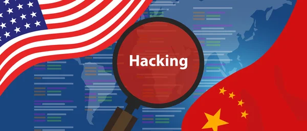 EE.UU. China piratería ciberespionaje. Chino pirata informático investigación de vigilancia o violación de la seguridad — Vector de stock