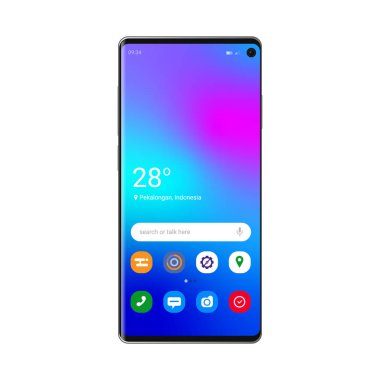 Büyük ekran küçük kenarları ve haşhaş renk gradyanı ile gerçekçi akıllı telefon vektörü. küçük iğne deliği kamera. Telefon tasarım trendi 2019.