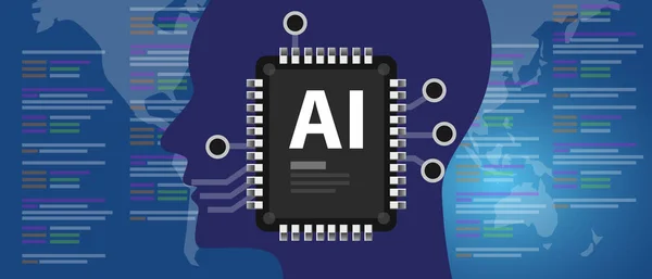 AI program na programování umělé inteligence lidský mozek připojený k počítačovým čipem — Stockový vektor