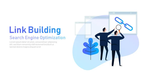 Verbindungsaufbau. Suchmaschinenoptimierung erstellt Back-Link zwischen Webseite — Stockvektor