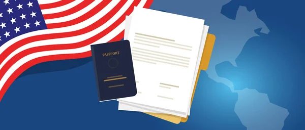 Documento di domanda di visto o permesso di lavoro per gli Stati Uniti Stati Uniti d'America. Passaporto e carta simbolo della riforma dell'immigrazione — Vettoriale Stock
