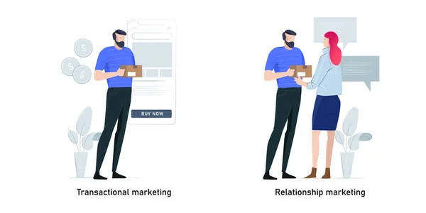 Marknadsföringsstrategier metafor koncept vektor illustration set. Transaktionell marknadsföring och relation, kundförsäljning via smartphone och diskutera chatt med målgrupp. — Stock vektor
