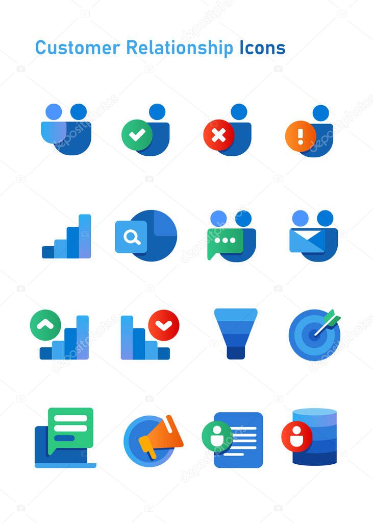 CRM customer relationship icons set collection blue color white isolated background object of funnel marketing
