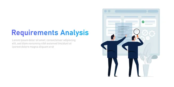 Analyse des besoins dans le développement de l'entreprise ou du système création d'exigences logicielles et spécifications décrivant la tâche de l'utilisateur dans le document avec l'équipe — Image vectorielle