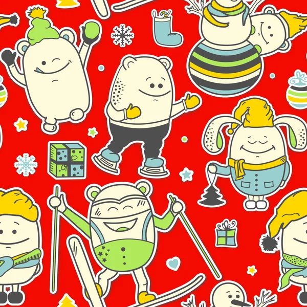 Christmas seamless pattern with funny characters. Set of scrapbook personages on red background. Vector illustration with cute monsters for new year greeting card, winter holiday cover art, wrapping.