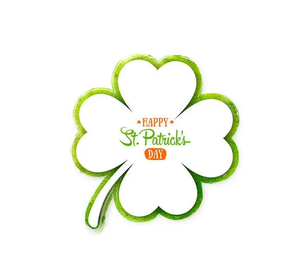Irish holiday Saint Patrick\'s Day. White quatrefoil clover on green waterolor background. Vector illustration with four-leaf clover for greeting card, poster, celebration banner