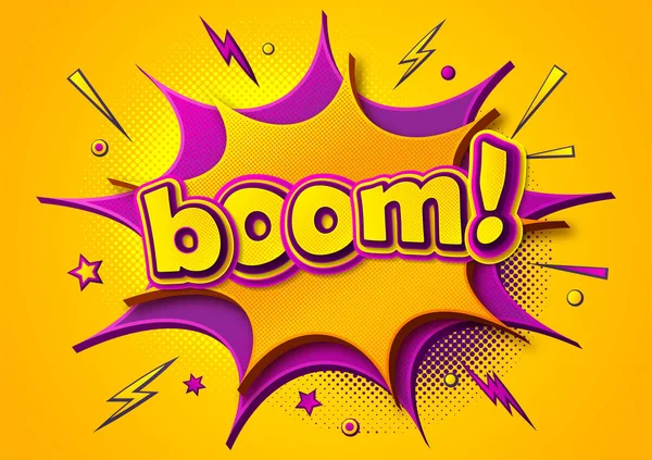 Comic poster: speech bubbles, burst, boom text and sound effect. Colorful funny banner in comics book and pop art style. Yellow-purple cartoon banner with halftone effect. Vector illustration