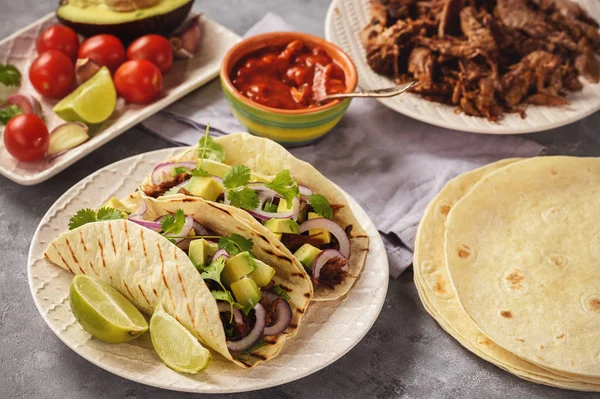 Çekti Fly'dan carnitas ekmeği üzerinde avokado ve kırmızı soğan ile. Meksika yemeği.