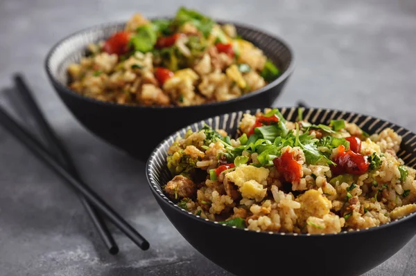 Thai Pork Rice Fried Eggs Cilantro — Stock Photo, Image