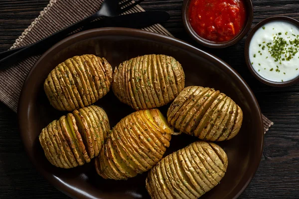 Batatas Hasselback Assadas Com Alho Ervas Forno — Fotografia de Stock