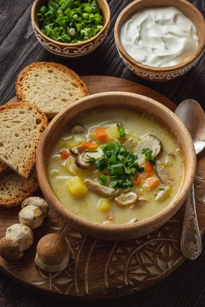 Homemade wild mushroom soup on wooden tray. — Stock Image Homemade Wild Mushroom Soup Wooden Tray Royalty Free Stock Photos