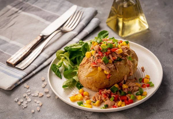 Jacket potatoes with tuna, corn and red sweet pepper.