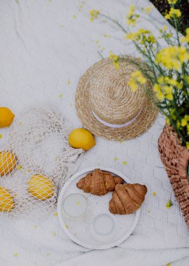 Bahçede piknik. Limonlar, hasır şapka, kruvasanlar, çiçekler.