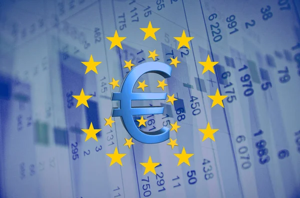 EU flag and Euro sign with stars, financial data visible on the background.