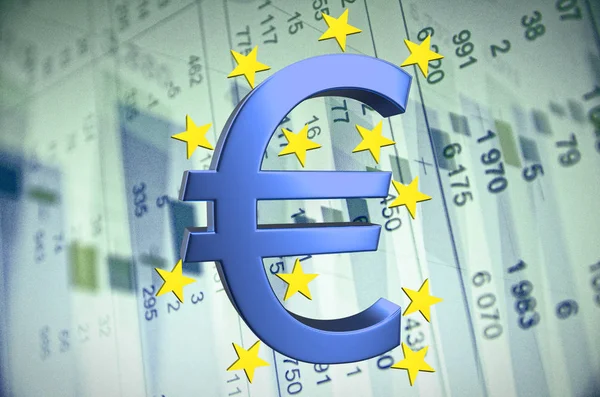 Euro sign with stars, financial data visible on the background.